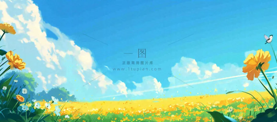 春日草地鲜花清新郊外草坪蓝天白云，春分