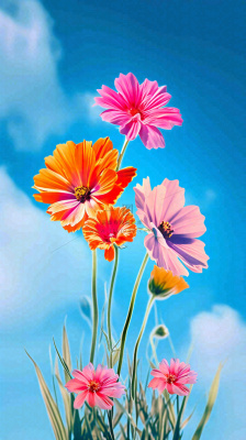 春天蓝天白云草坪鲜花，五彩缤纷鲜艳摄影图