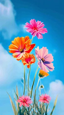 春天蓝天白云草坪鲜花，五彩缤纷鲜艳摄影图