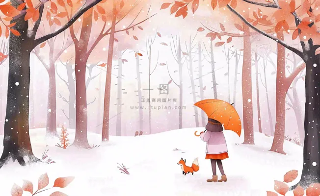 秋冬森林打伞的女孩狐狸动物相遇立冬小雪大雪冬至卡通插画背景