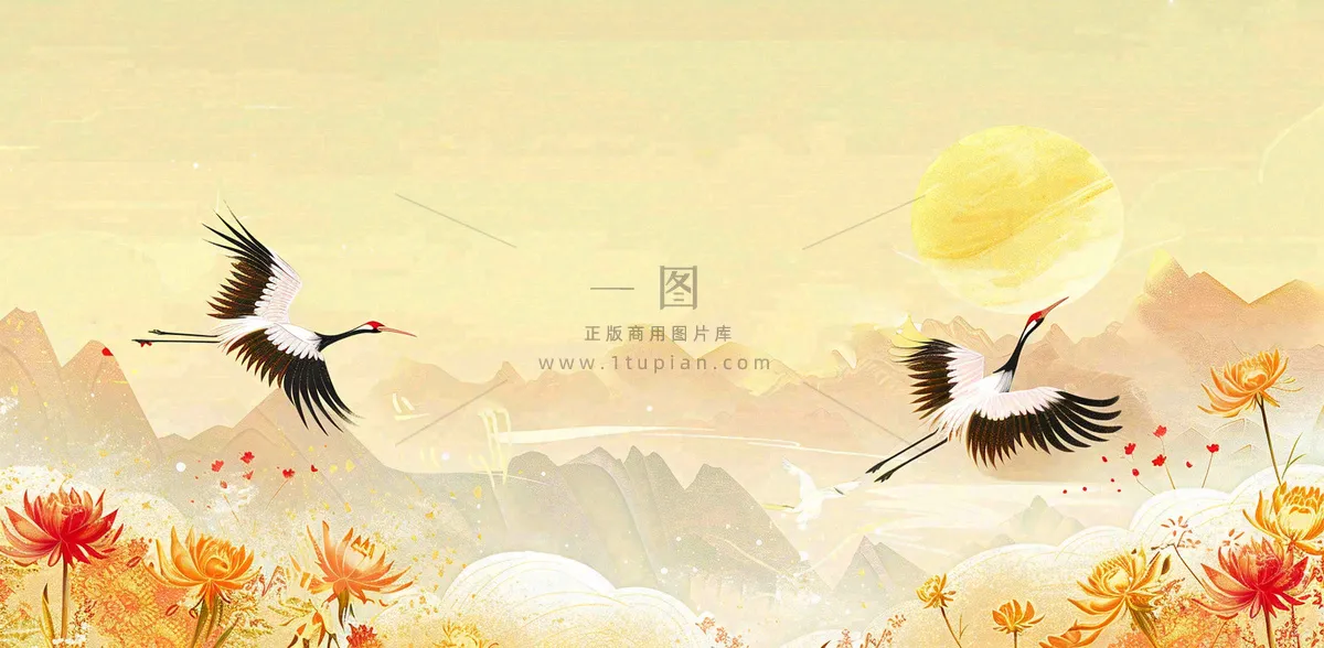 国潮风重阳菊花仙鹤山水场景插画中秋背景