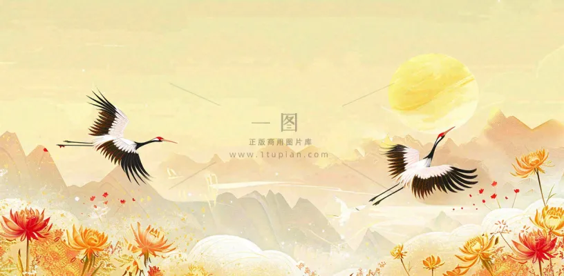 国潮风重阳菊花仙鹤山水场景插画中秋背景 国潮风重阳菊花仙鹤山水场景插画中秋背景