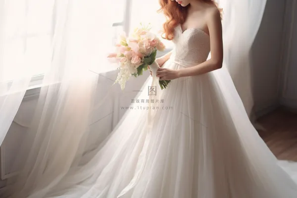 拿手捧花的新娘白色婚纱摄影图