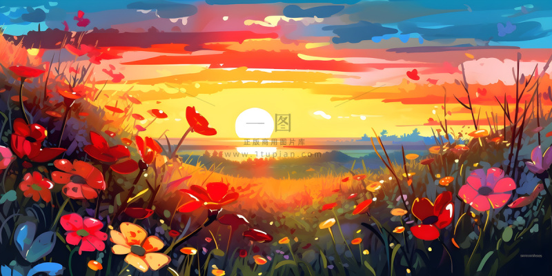 春天夕阳花丛草丛森林手绘插画海报素材背景