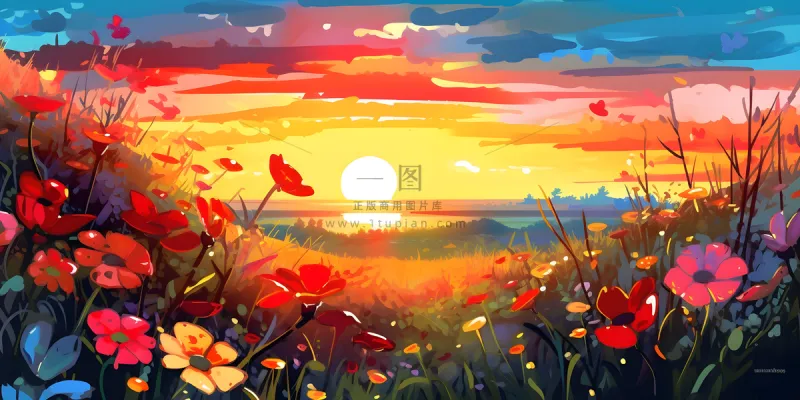 春天夕阳花丛草丛森林手绘插画海报素材背景 春天夕阳花丛草丛森林手绘插画海报素材背景