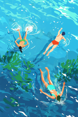 海边水里玩耍的人卡通插画背景
