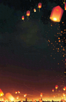 夜晚点灯孔明灯祈福中元节寒衣节插画背景 夜晚点灯孔明灯祈福中元节寒衣节插画背景