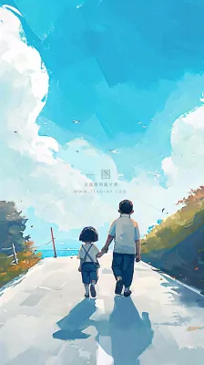 蓝天白云下父亲牵着手,父爱背影亲情伟大感恩 蓝天白云下父亲牵着手,父爱背影亲情伟大感恩