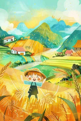 秋天农田丰收山村村庄稻草人水稻小麦立秋秋分芒种卡通插画背景 秋天农田丰收山村村庄稻草人水稻小麦立秋秋分芒种卡通插画背景