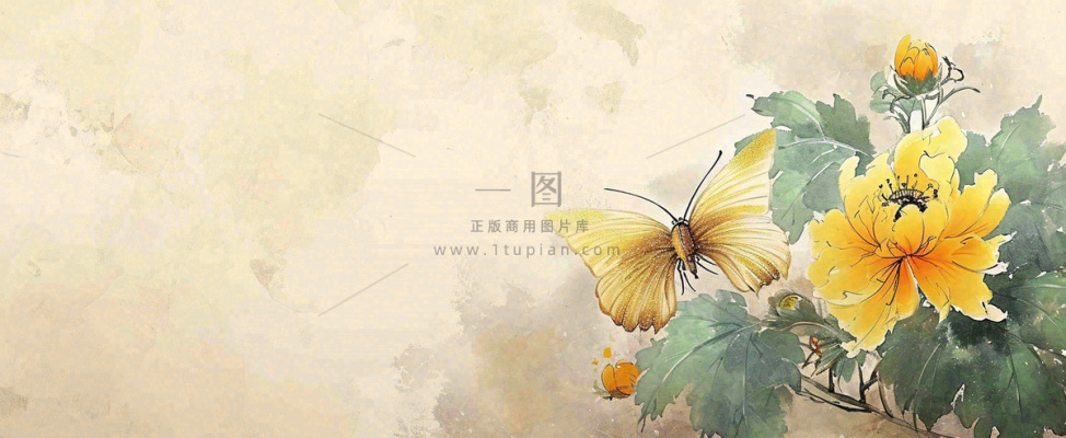 温馨纹理橙色花朵鲜花蝴蝶意境唯美渐变，中国风