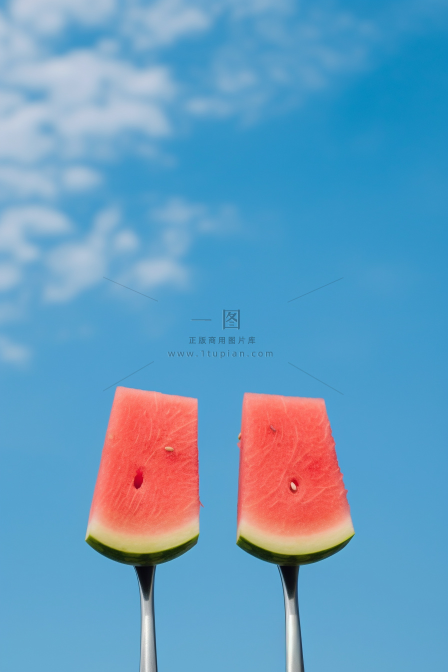 叉子西瓜美食清爽天空蓝色背景