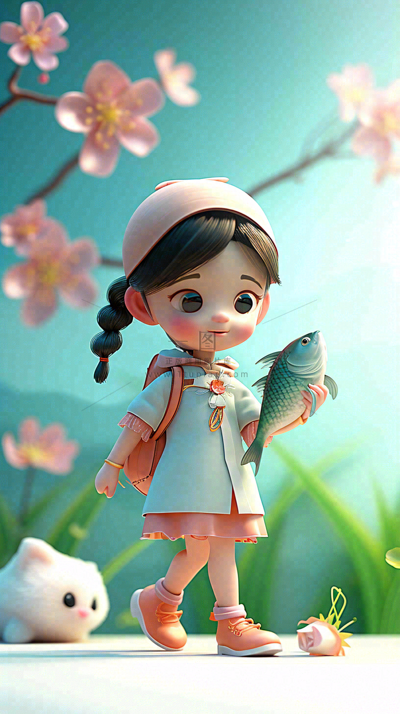 儿童节小女孩田间游玩小草小花,动物鱼类可爱