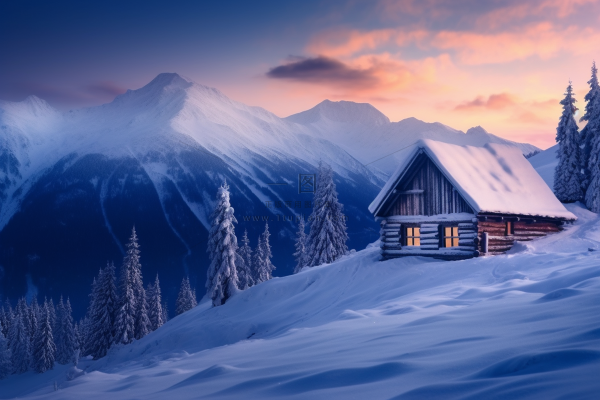 冬季落日雪山雪景木屋摄影图
