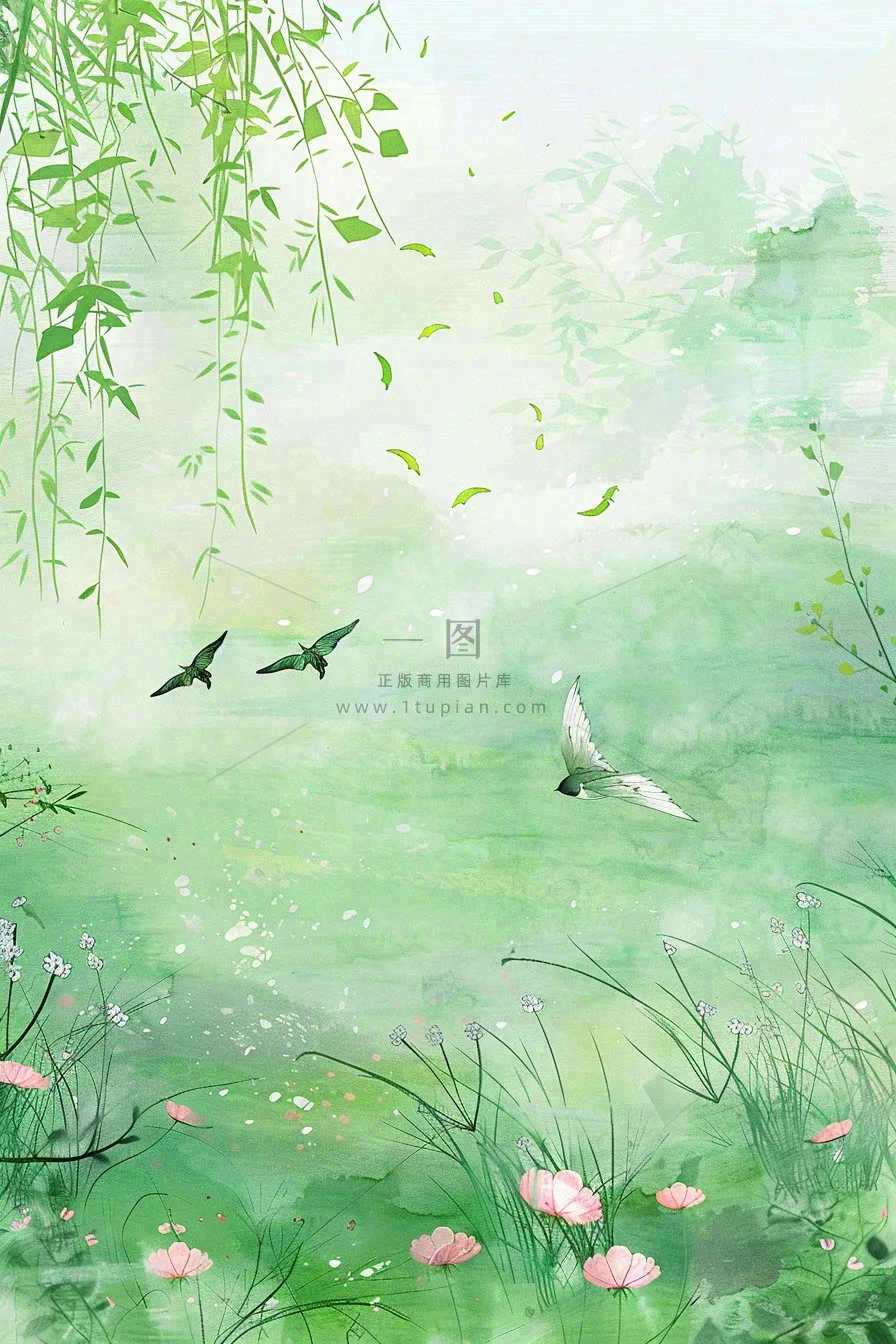 春天春暖花开柳树燕子草丛春游踏青立春惊蛰春分水彩插画背景