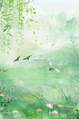 春天春暖花开柳树燕子草丛春游踏青立春惊蛰春分水彩插画背景 春天春暖花开柳树燕子草丛春游踏青立春惊蛰春分水彩插画背景