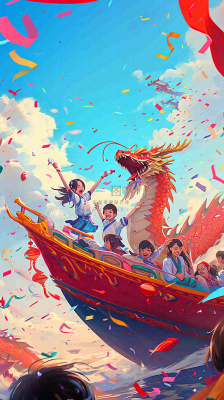 海面上龙船开船手绘插画，孩子人物，蓝天白云古风