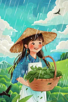 谷雨节气采茶女春天燕子雨水插画