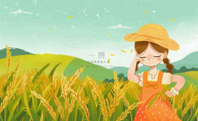 秋收秋天女孩在麦田麦穗芒种立秋秋分卡通插画背景