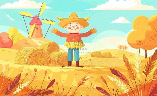 金秋稻田麦田稻草人秋风瑟瑟落叶立秋秋分处暑卡通插画背景 金秋稻田麦田稻草人秋风瑟瑟落叶立秋秋分处暑卡通插画背景