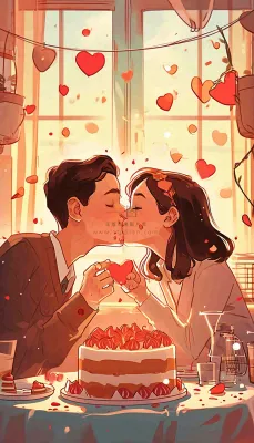 情人节情侣浪漫圣诞节日温馨生日会,插画手绘,居家餐厅美食 情人节情侣浪漫圣诞节日温馨生日会,插画手绘,居家餐厅美食