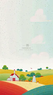 清新山脉草坪点线面扁平屋子树木手绘插画 清新山脉草坪点线面扁平屋子树木手绘插画