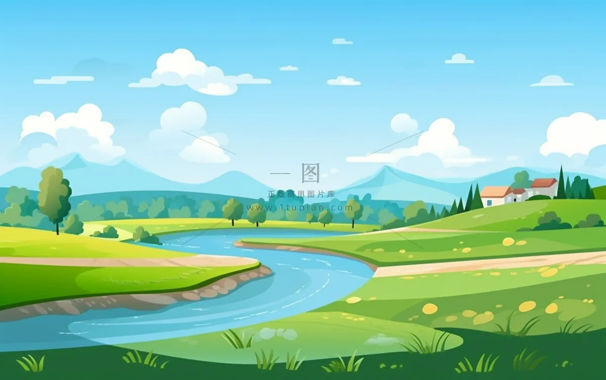 乡村村庄美丽风景河流插画农田插画背景