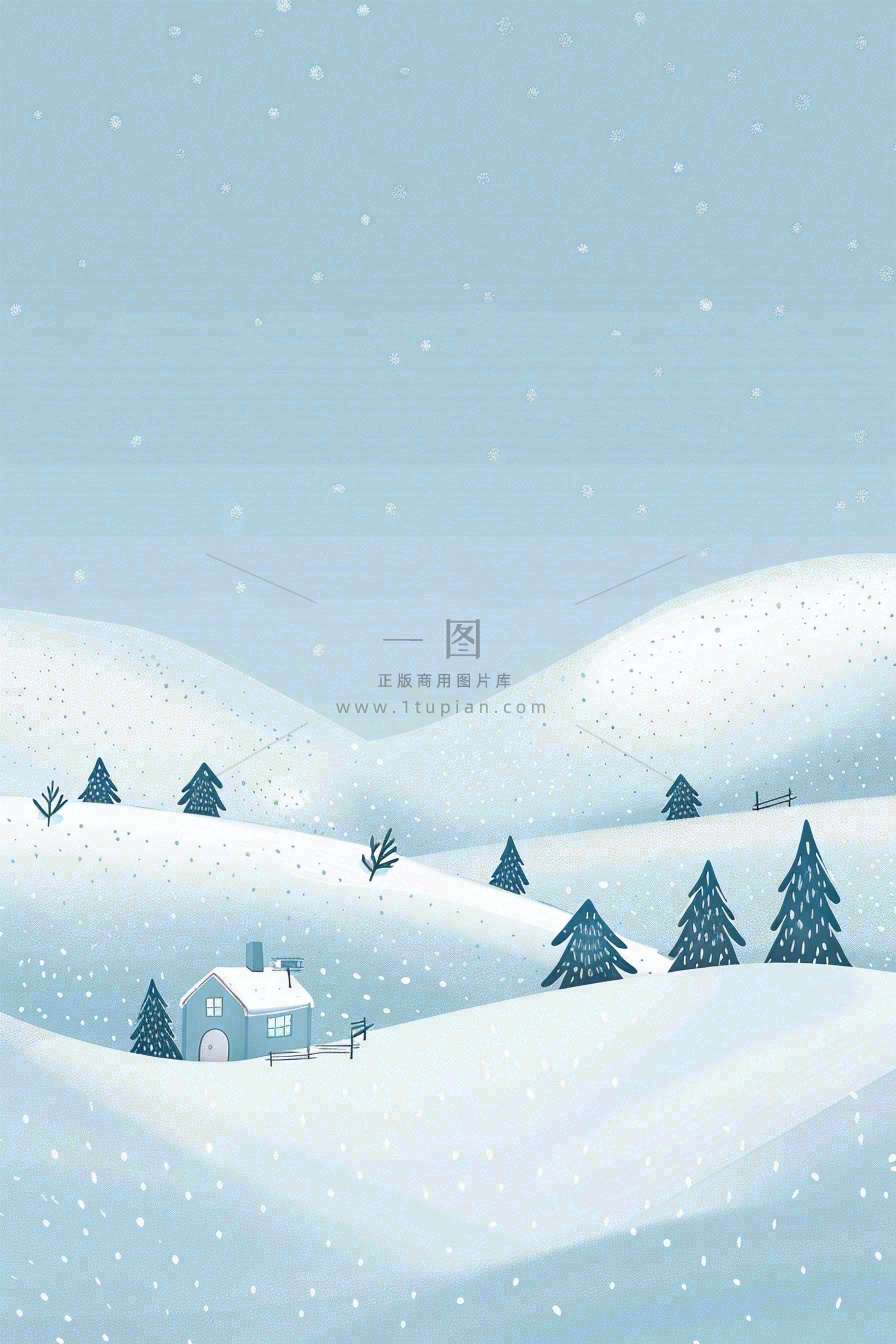 冬天雪景雪山下的房子小木屋寒冷立冬冬至大雪小雪卡通插画背景