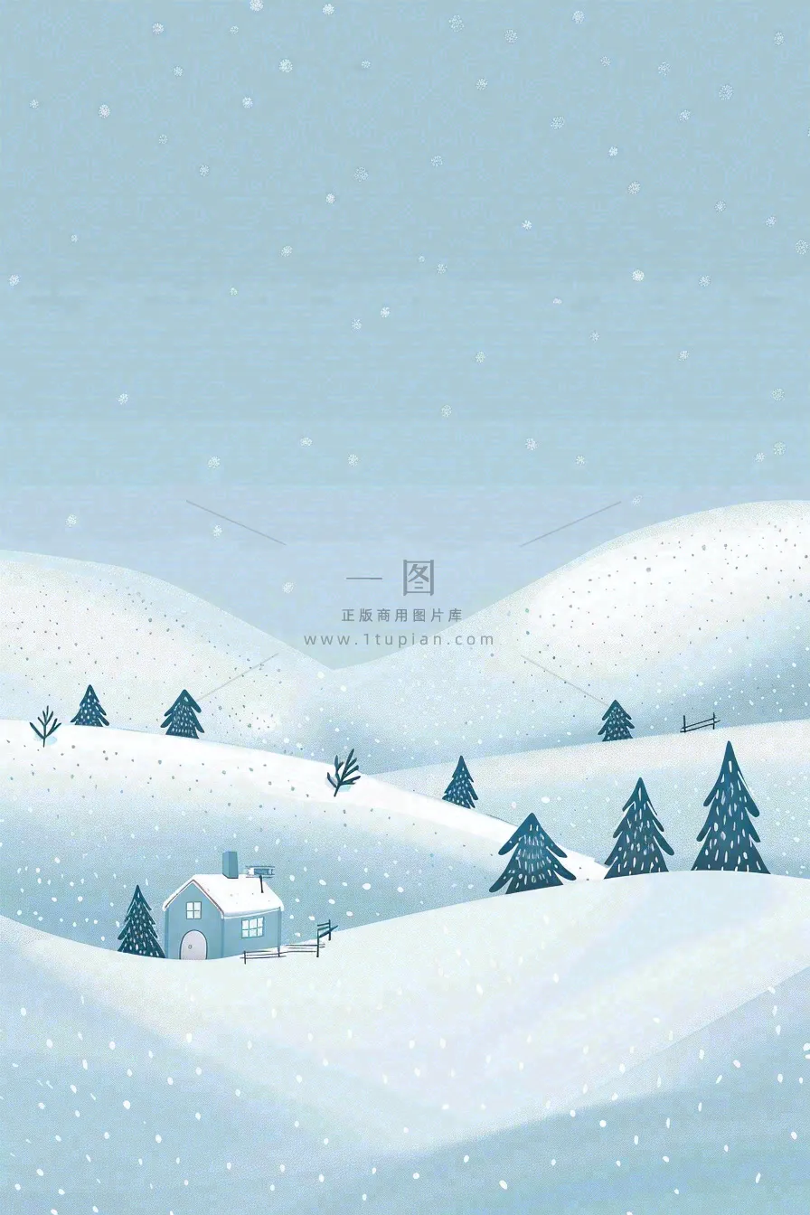 冬天雪景雪山下的房子小木屋寒冷立冬冬至大雪小雪卡通插画背景