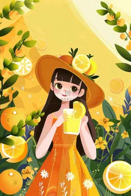 夏天喝橙汁的女孩橘黄色度假风鲜花花丛清凉解暑立夏大暑小暑夏至卡通插画背景