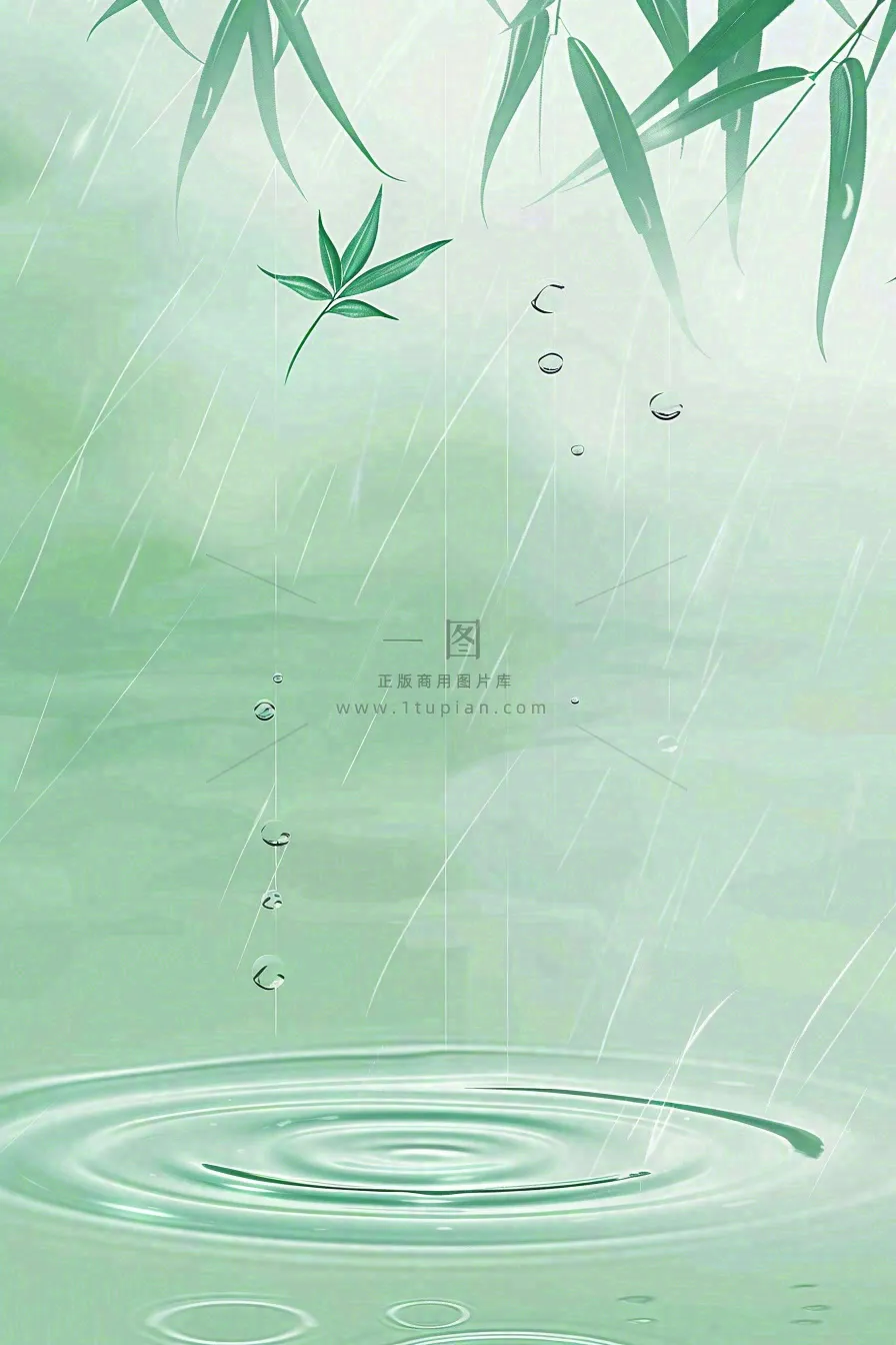 雨天雨水打在竹叶上掉落在水面上泛起涟漪雨水谷雨端午清明插画背景