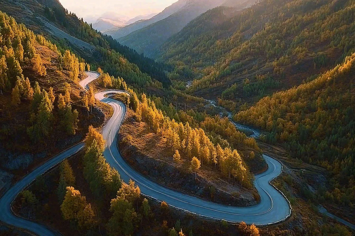 秋天森林蜿蜒的公路大自然风光摄影图