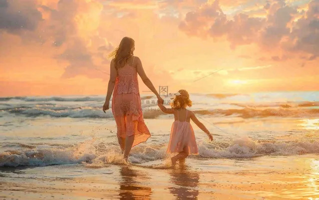 夏日海边沙滩妈妈和孩子散步母亲节温馨摄影图