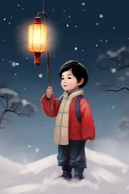 冬天白雪地打着灯笼得中国小孩卡通插画背景