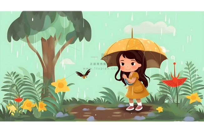 春天下雨天小女孩拿着雨伞在森林里漫步绿色黄色手绘插画海报素材背景