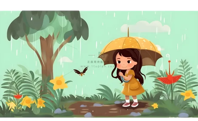春天下雨天小女孩拿着雨伞在森林里漫步绿色黄色手绘插画海报素材背景