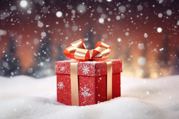 下雪天的红色圣诞礼物白雪摄影图