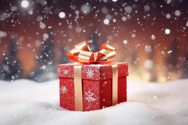 下雪天的红色圣诞礼物白雪摄影图