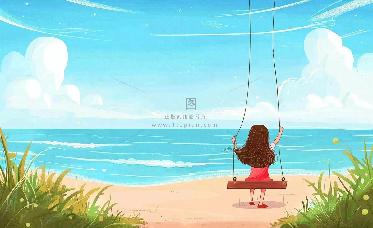 夏天海边风景大海沙滩蓝天白云立夏夏至大暑小暑唯美插画背景