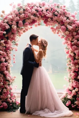 婚礼亲吻的新婚夫妇鲜花玫瑰花拱桥摄影图