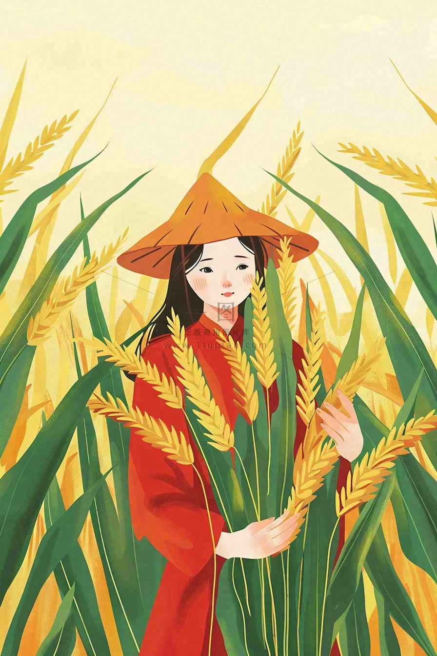 丰收季女孩抱着麦穗金黄的小麦稻穗农田芒种小满秋分立秋卡通插画背景