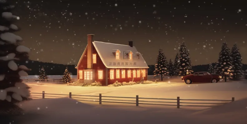 冬天夜晚森林里的房子被白雪覆盖卡通插画背景