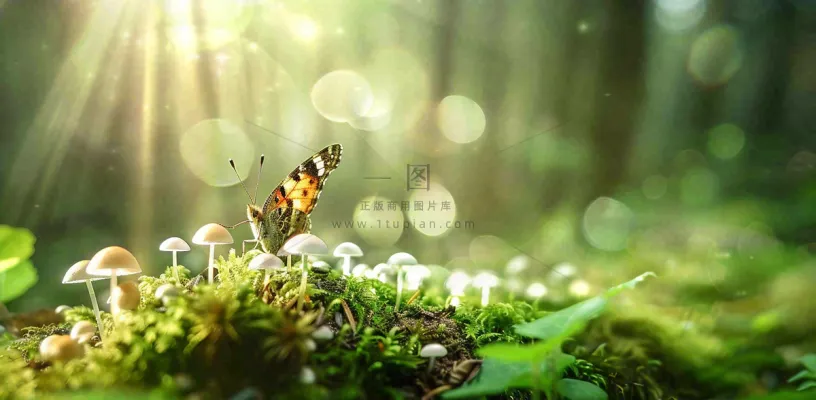 阳光斑驳下的蝴蝶苔藓蘑菇春天森林春分惊蛰摄影图 阳光斑驳下的蝴蝶苔藓蘑菇春天森林春分惊蛰摄影图