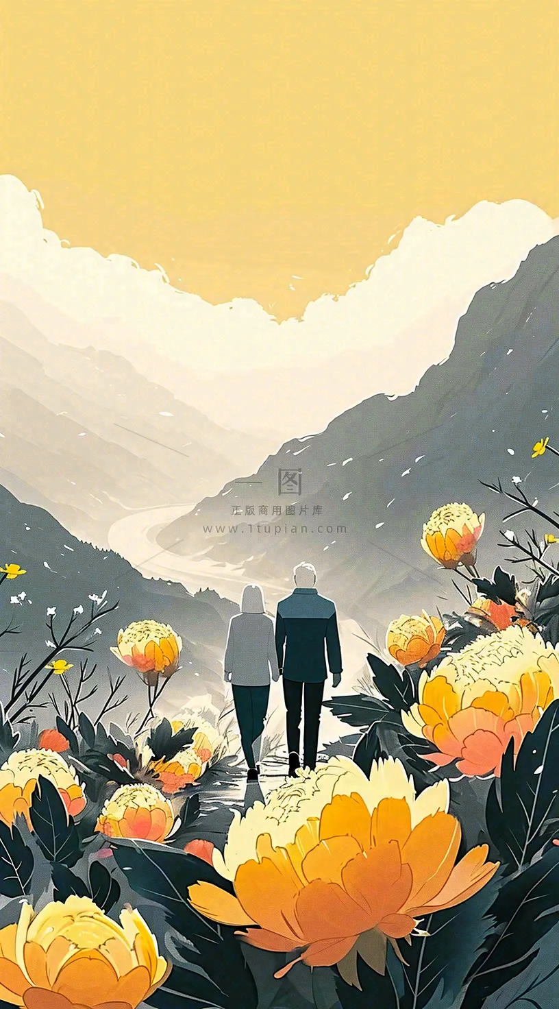 老人相伴到老，菊花黄色花朵，落日山脉