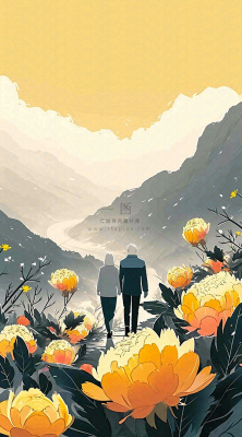 老人相伴到老，菊花黄色花朵，落日山脉