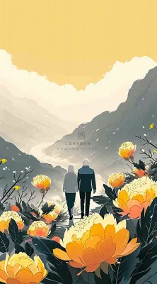 老人相伴到老，菊花黄色花朵，落日山脉