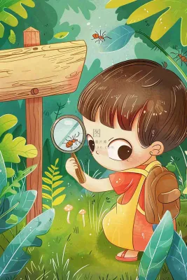 儿童学生森林冒险放大镜观察蚂蚁户外探险儿童节卡通插画背景 儿童学生森林冒险放大镜观察蚂蚁户外探险儿童节卡通插画背景