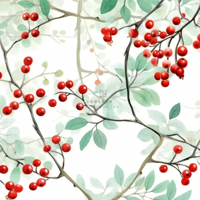 树枝上的红色果实小清新植物水墨画插画素材