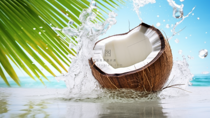 夏日椰子与水飞溅椰汁饮料摄影图