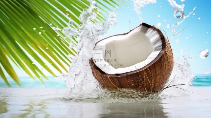 夏日椰子与水飞溅椰汁饮料摄影图