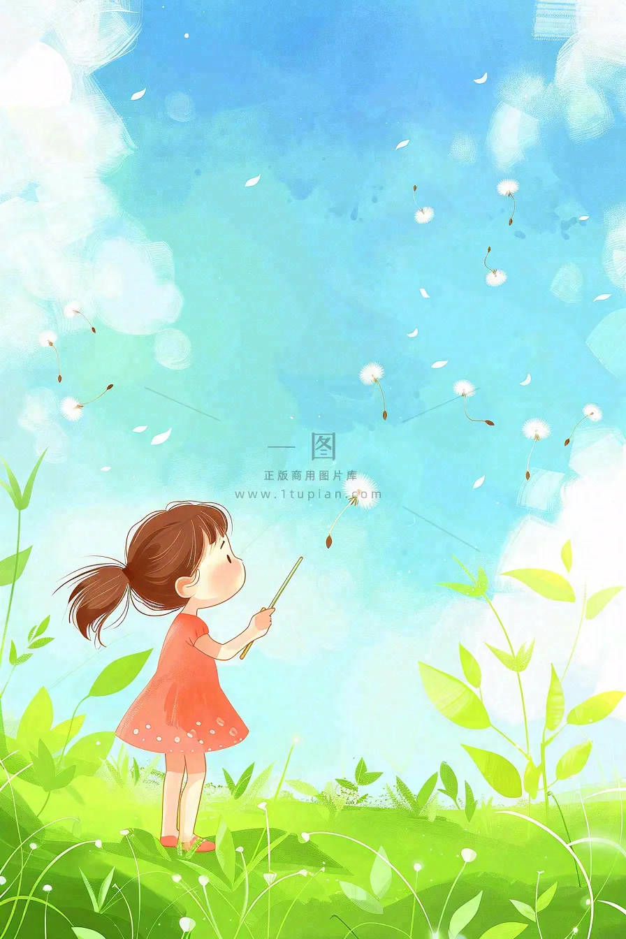春天蒲公英绿草地蓝天白云红裙子女孩小清新唯美立春春分惊蛰立夏卡通插画背景